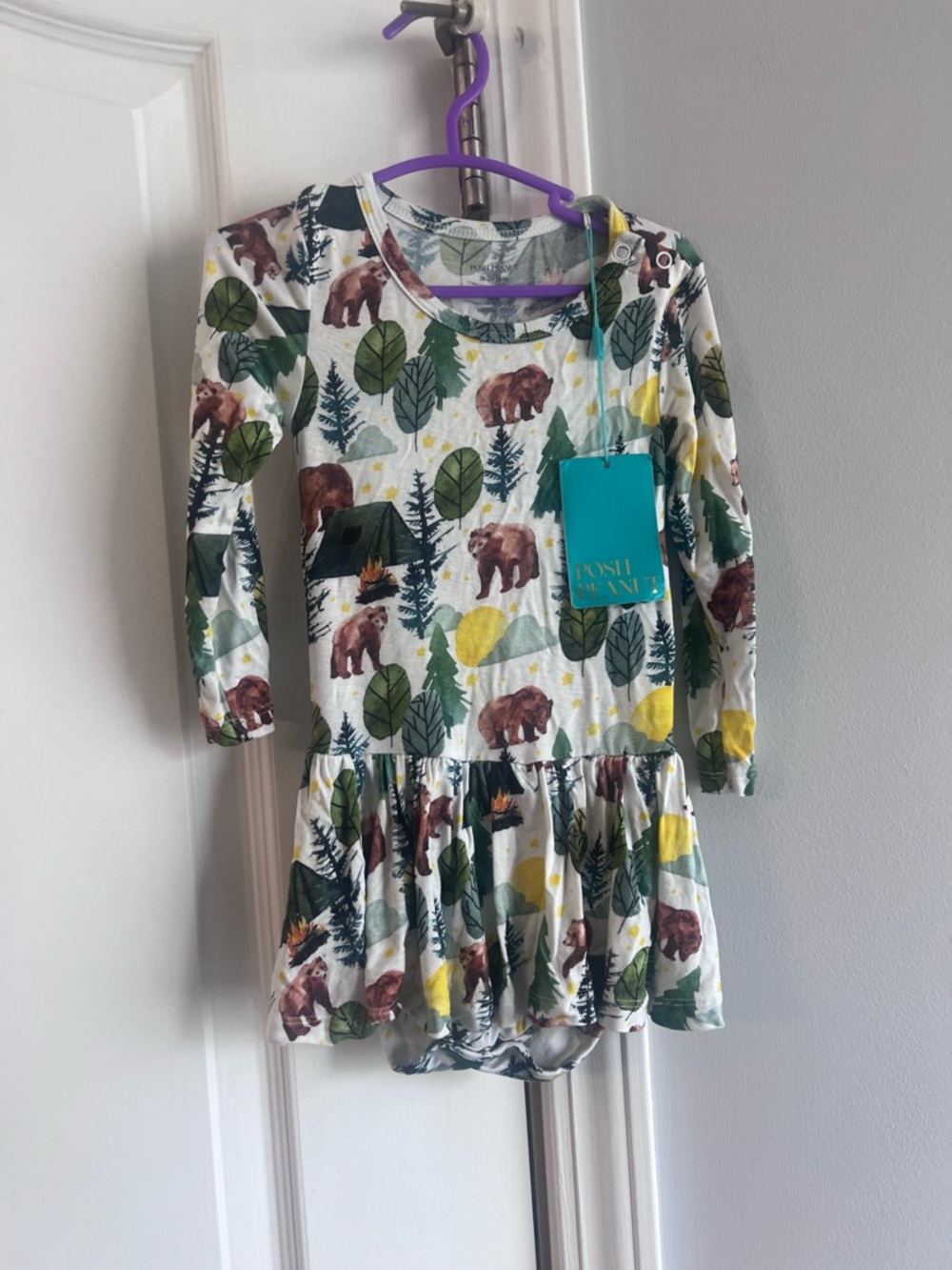 Posh Peanut Cream Dress with Green Leaves & Brown Bears